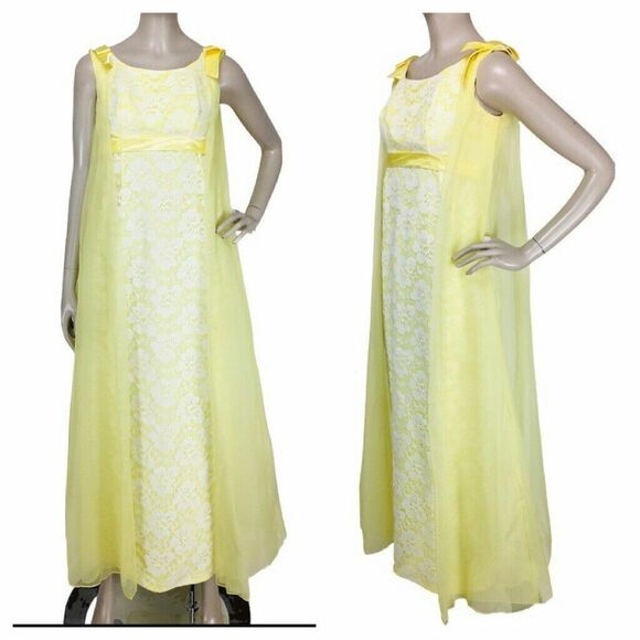 VTG 60s Yellow Floral Lace Chiffon Organza Cape Train Shoulder Bows Maxi Dress - Picture 1 of 12